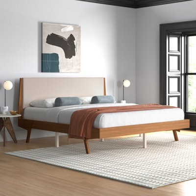 Romanowski Upholstered Slat Bed Mercury Row Color Beige Walnut Size King